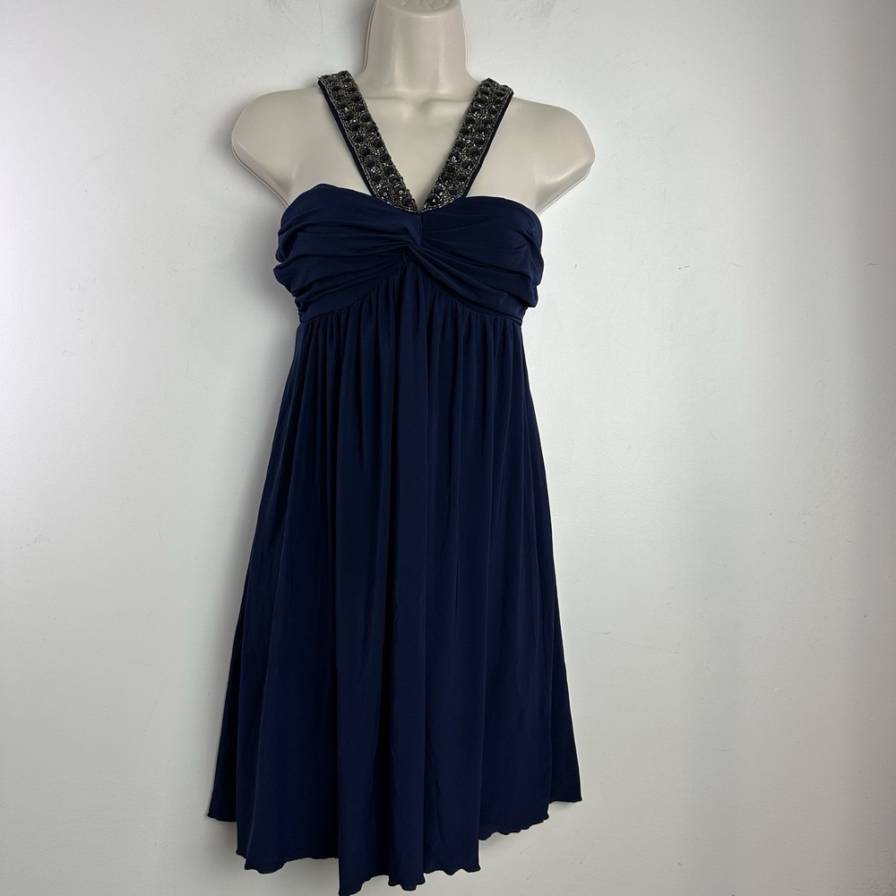 Vintage City Triangles Halter Dress Navy Beaded Stretch Fairy 90s Size Small‎